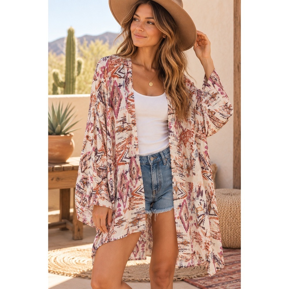 Billabong Rayon Kimono S/M Boho Geometric Print Open Front Cardigan Festival